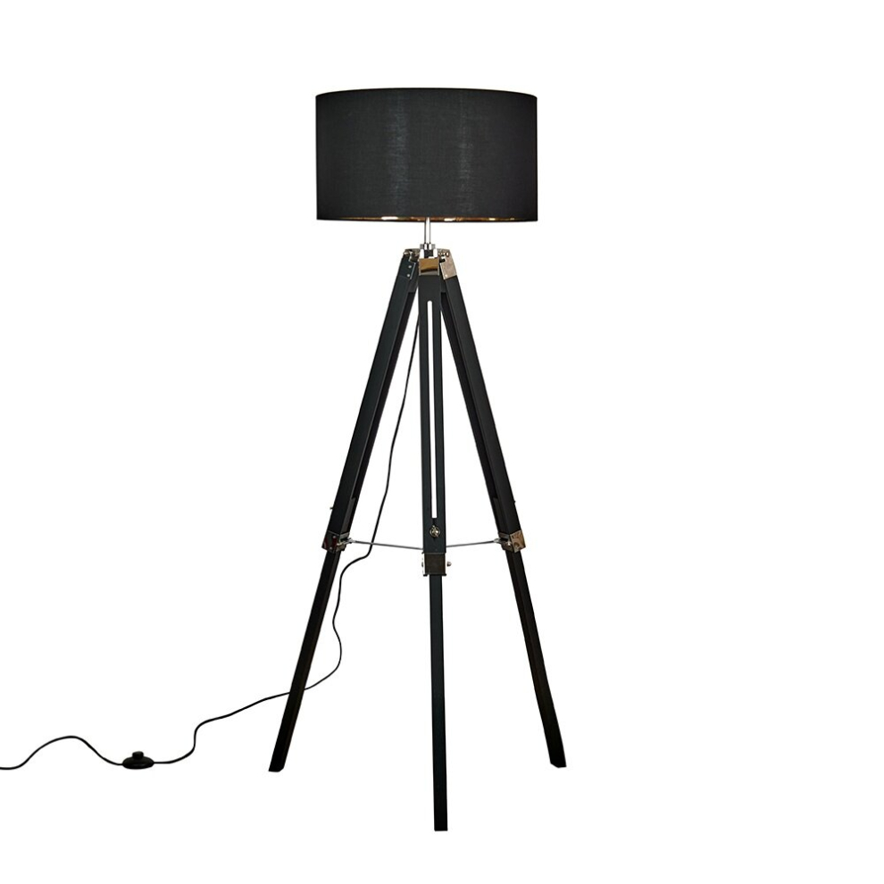 Modern Black Wood and Silver Chrome Tripod Floor Lamp with a Black/Gold Drum Shade - Complete with a 6w LED GLS Bulb [3000K Warm White]