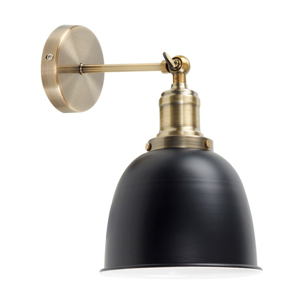 Retro Style Antique Brass Adjustable Knuckle Joint Wall Light with a Gloss Black Dome Shade