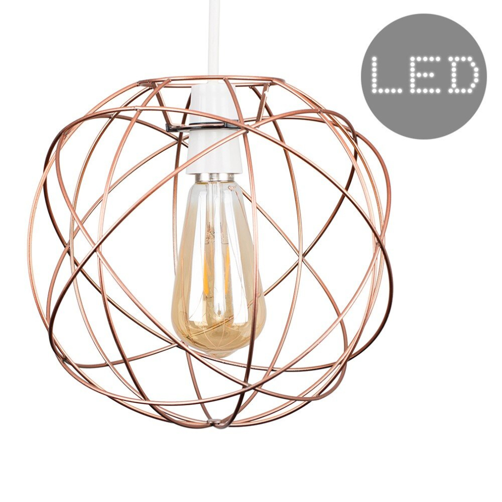 Retro Style Atom Design Copper Metal Basket Cage Ceiling Pendant Light Shade - With a 4w LED Filament Amber Tinted Light Bulb [2700K Warm White]