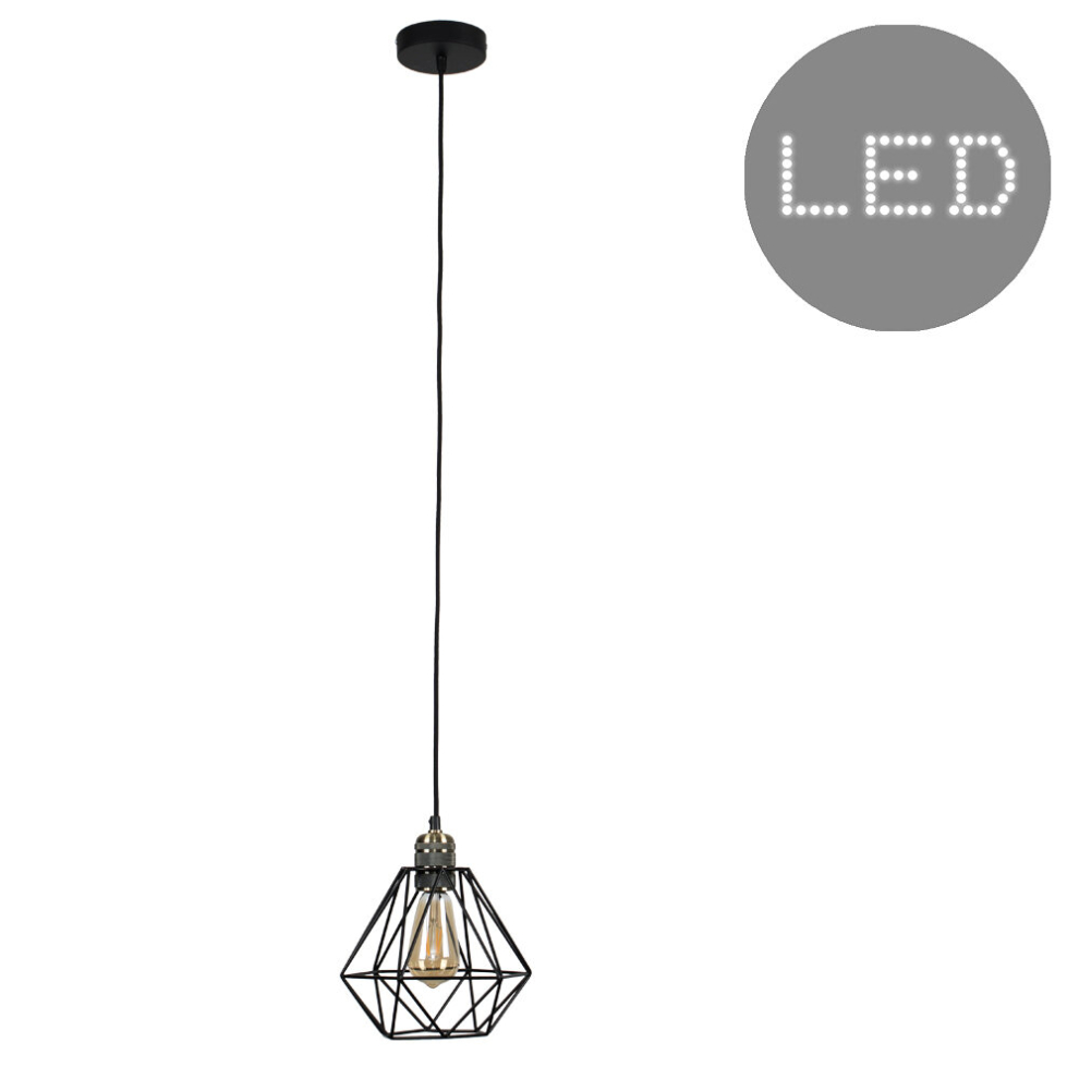 Modern Antique Brass Ceiling Rose & Flex Lampholder Fitting with a Black Cage Shade - Complete with a 4w LED Filament Light Bulb [2700K Warm White]