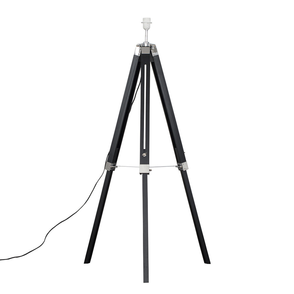 Modern Black Wood and Silver Chrome Tripod Floor Lamp Base