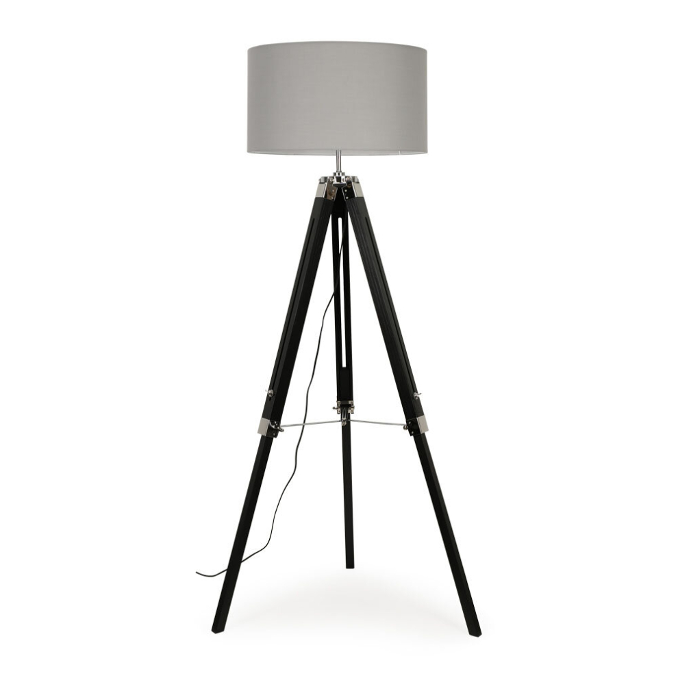 Modern Black Wood and Silver Chrome Tripod Floor Lamp with a Grey Drum Shade