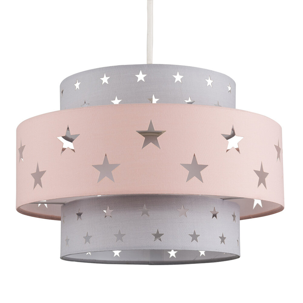 Modern Pink & Dark Grey Cut Out Star Design Cylinder Ceiling Pendant Light Shade - Complete with a 10w LED GLS Bulb [3000K Warm White]