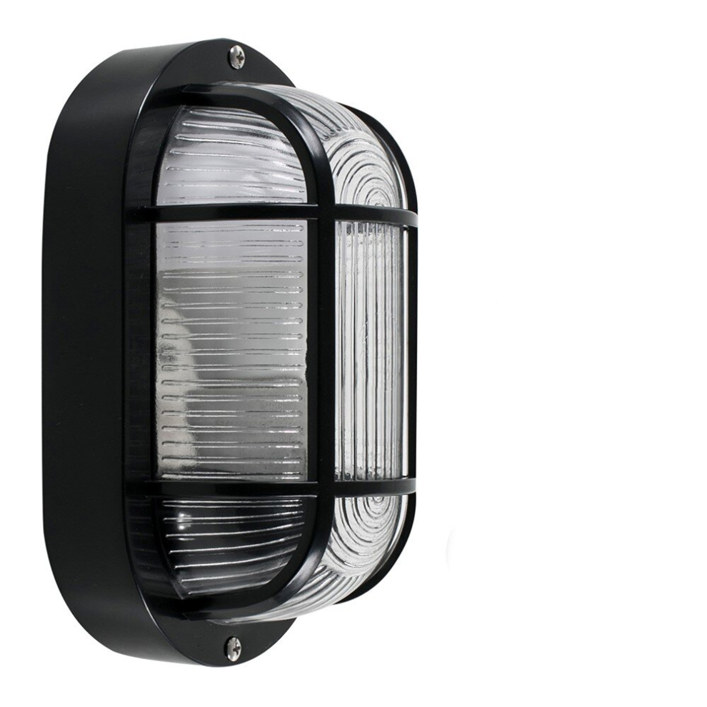 Modern Black Outdoor Garden Security Bulkhead Wall Light IP44 Rated - Complete with a 10w LED GLS Bulb [6500K Cool White]