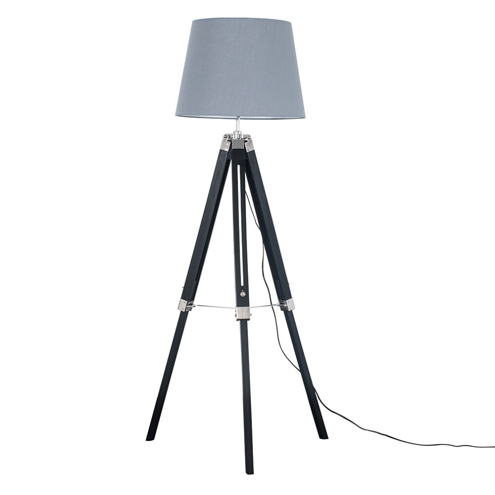 Modern Black Wood and Silver Chrome Tripod Floor Lamp with a Grey Tapered Light Shade - Complete with a 6w LED GLS Bulb [3000K Warm White]