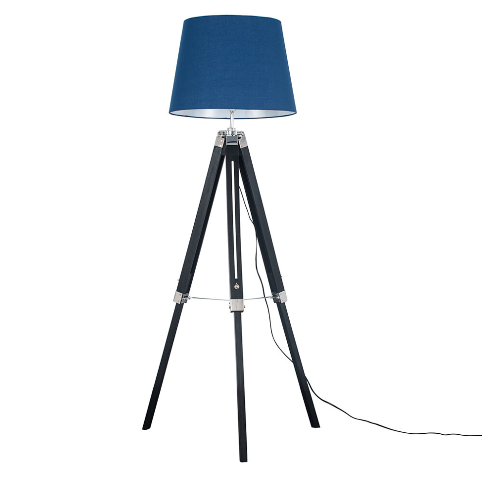 Modern Black Wood and Silver Chrome Tripod Floor Lamp with a Navy Blue Tapered Light Shade