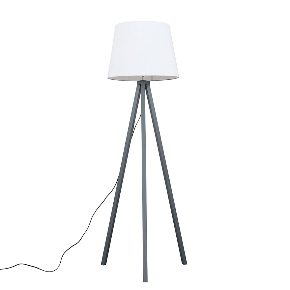 Modern Grey Wood Tripod Design Floor Lamp with a White Tapered Shade - Complete with a 6w LED Bulb [3000K Warm White]