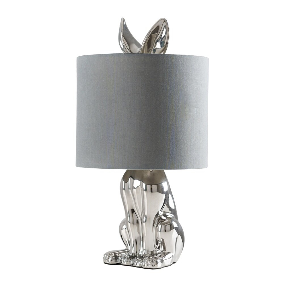 Modern Chrome Ceramic Rabbit/Hare Table Lamp with a Grey Shade - Complete with a 4w LED Bulb [3000K Warm White]