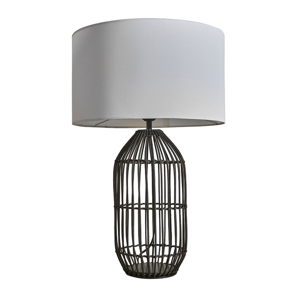 Contemporary Large Matt Black Rattan Cylinder Table Lamp with a White Cylinder Shade - Complete with a 6w LED GLS Bulb [3000K Warm White]