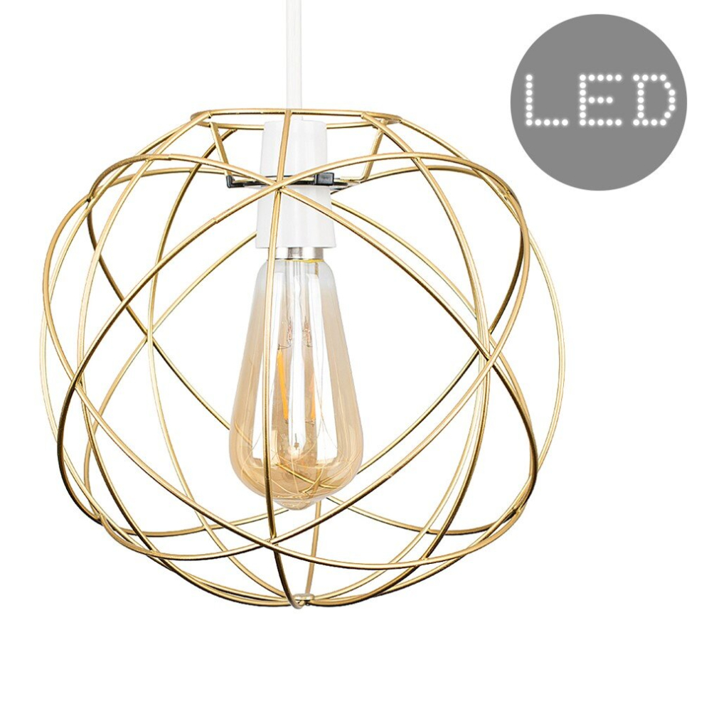 Retro Style Atom Design Gold Metal Basket Cage Ceiling Pendant Light Shade - With a 4w LED Filament Amber Tinted Light Bulb [2700K Warm White]