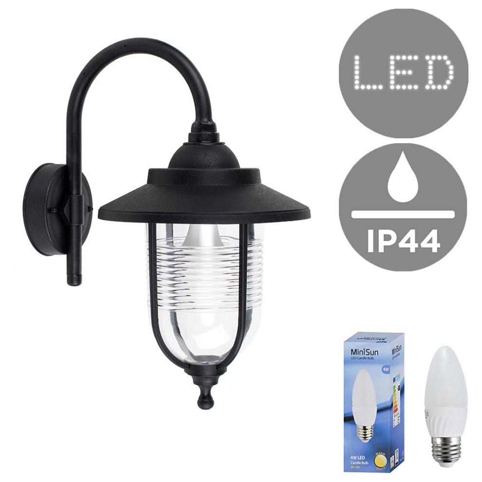 Modern Outdoor Black Fisherman Style Swan Neck Wall Light Lantern - IP44 Rated - with 1 x 4w ES E27 LED Candle Bulb