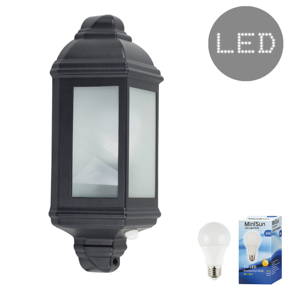 Traditional Black Aluminium PIR Motion Sensor Outdoor Garden Wall Lantern IP44 Light - Complete with 6w LED ES E27 Bulb