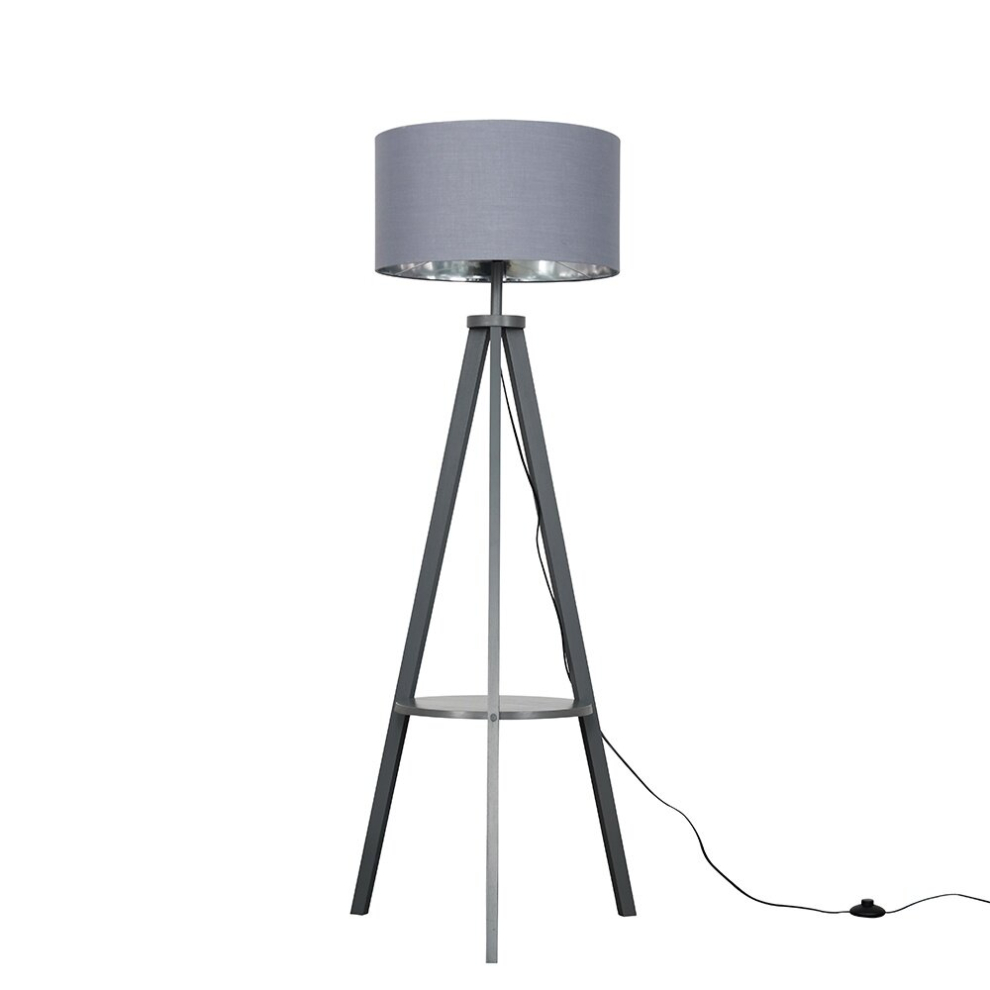 Morrigan Grey Wooden Tripod Floor Lamp With Grey And Chrome Shade with Bulb