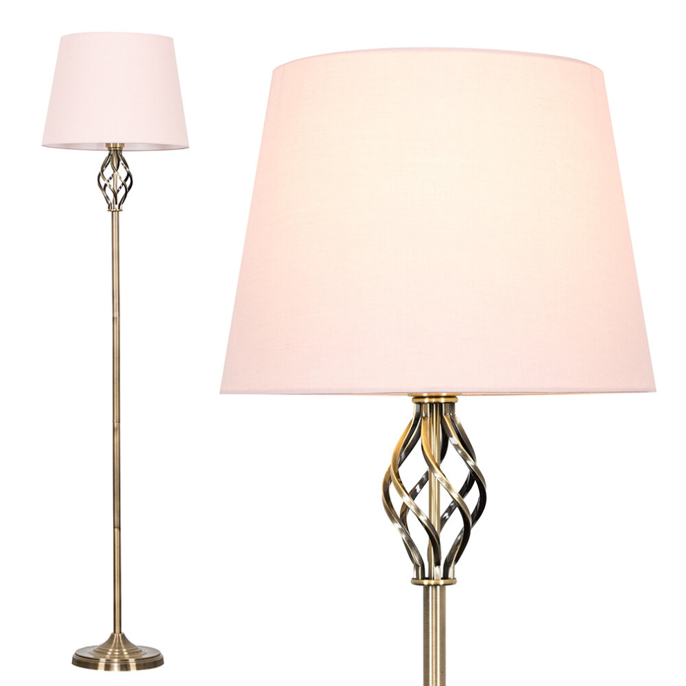 Traditional Style Antique Brass Barley Twist Floor Lamp with a Pink Tapered Light Shade