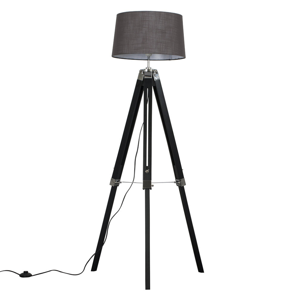 Modern Black Wood and Silver Chrome Tripod Floor Lamp with a Grey Tapered Shade