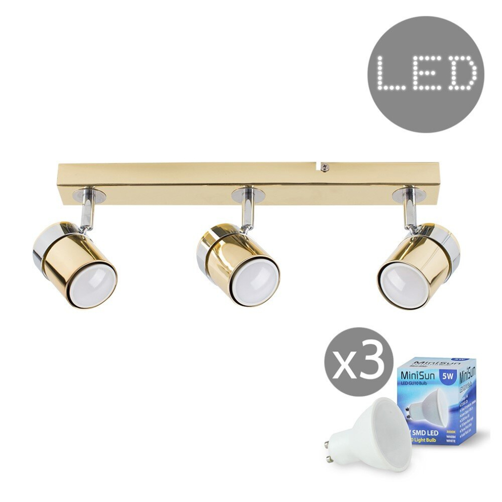 Modern 3 Way Adjustable Chrome & Polished Gold Effect Straight Bar Ceiling Spotlight Fitting - With 5w LED GU10 Light Bulbs [3000K Warm White]