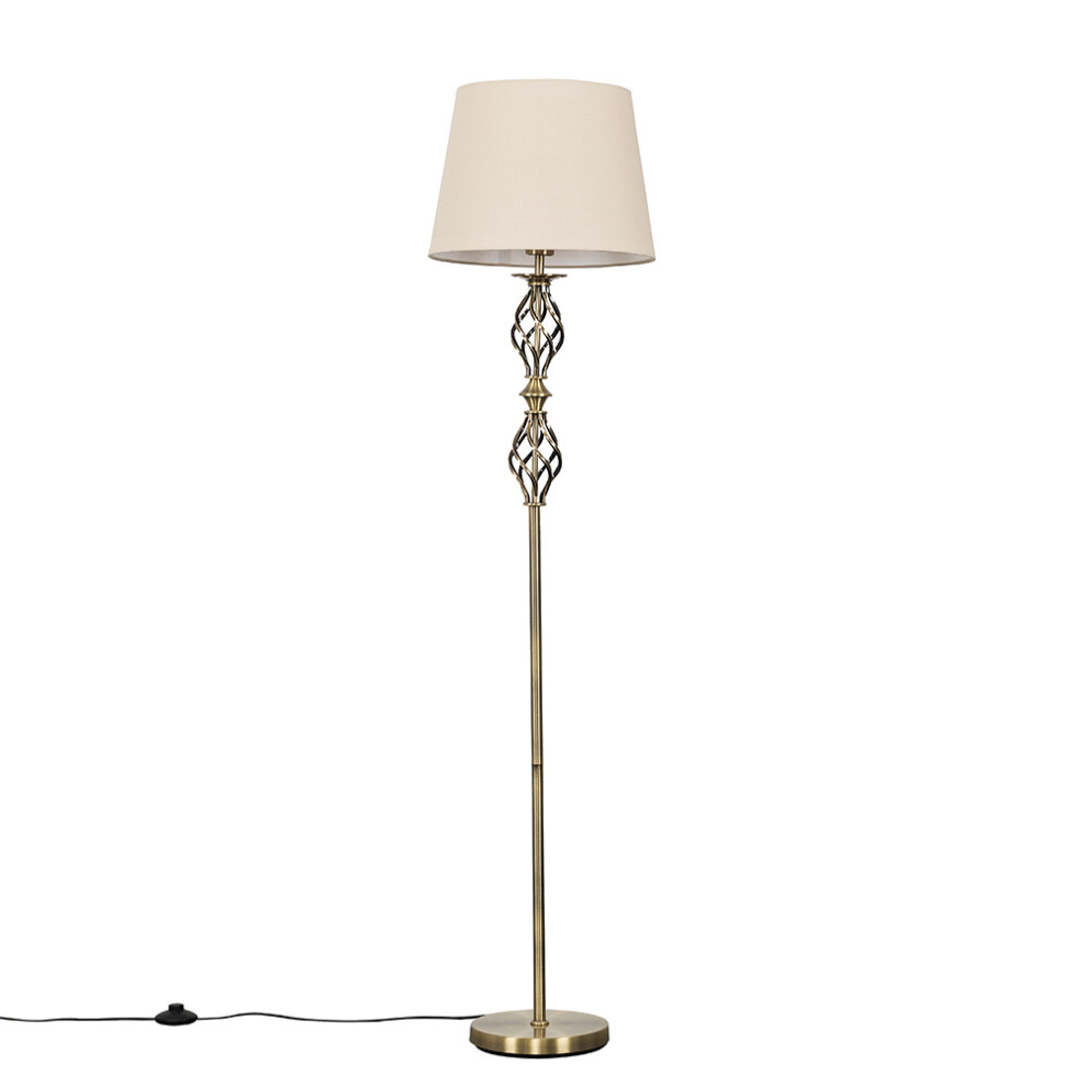 Traditional Style Antique Brass Double Twist Floor Lamp with a Beige Tapered Shade