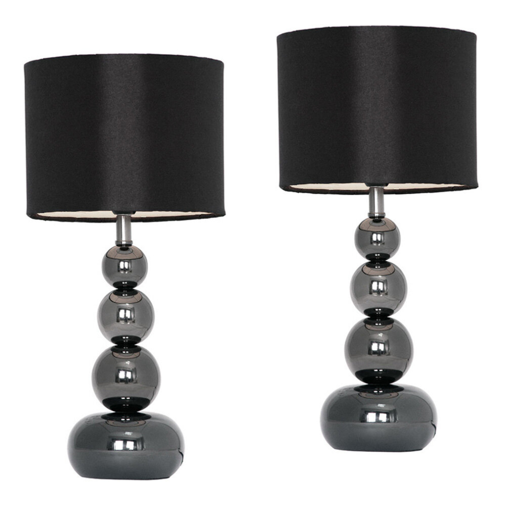 Pair of - Black Chrome Stacked Balls Table Lamps with Black Faux Silk Shades