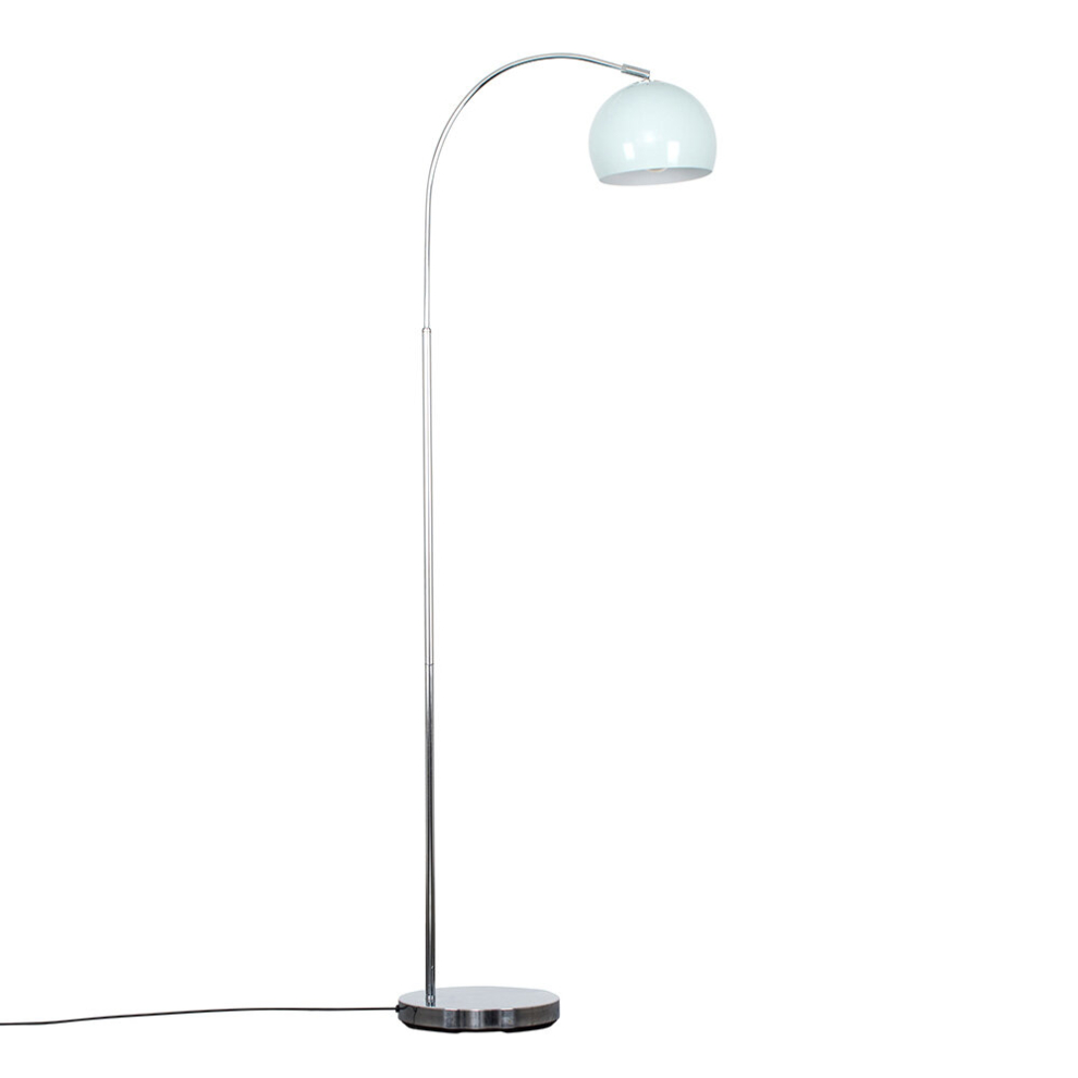 Modern Designer Style Polished Chrome Curved Stem Floor Lamp with a Gloss Pale Blue Arco Style Metal Dome Light Shade