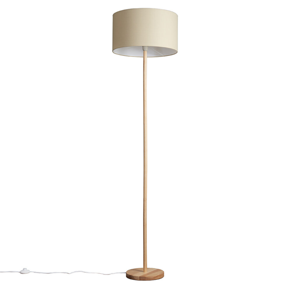 Modern Scandi Floor Lamp in a Light Wooden Finish with a Beige Drum Shade - Complete with a 6w LED GLS Bulb [3000K Warm White]