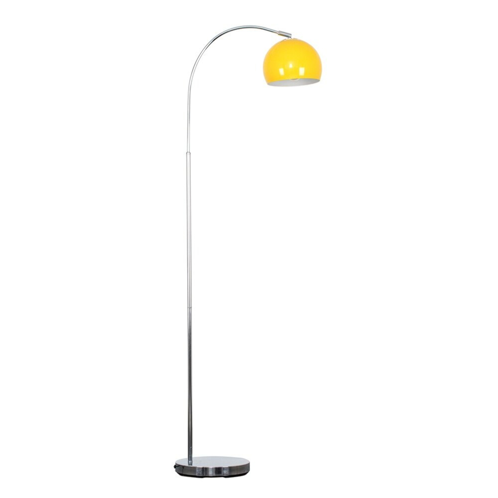 Designer Style Polished Chrome  Stem Floor Lamp with a Gloss Yellow Arco Style Metal Dome Light Shade - With a 6w LED GLS Bulb [3000K Warm White]