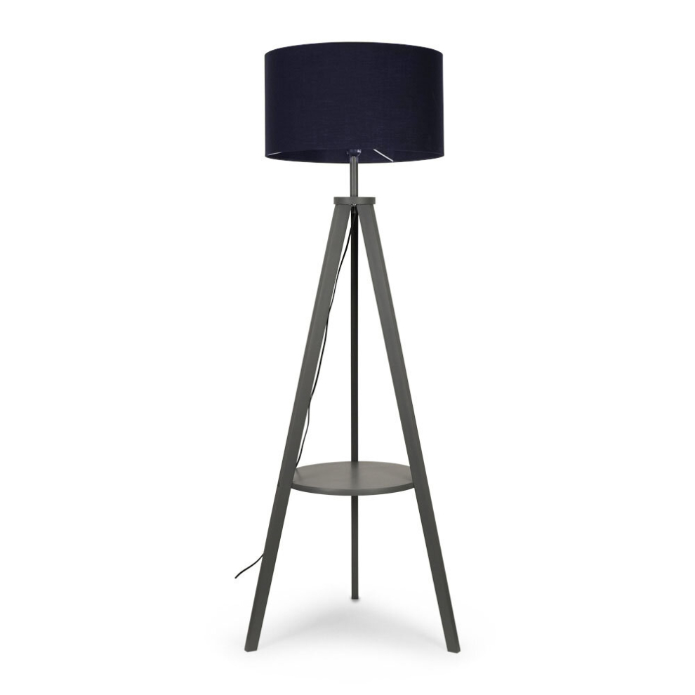 Morrigan Grey Wooden Tripod Floor Lamp With Navy Blue Fabric Shade with Bulb