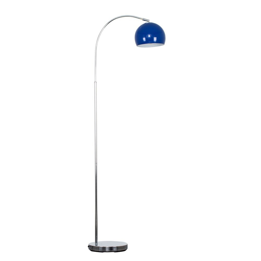 Designer Style Polished Chrome  Stem Floor Lamp with a Gloss Navy Blue Arco Style Metal Dome Light Shade - With a 6w LED GLS Bulb [3000K Warm White]