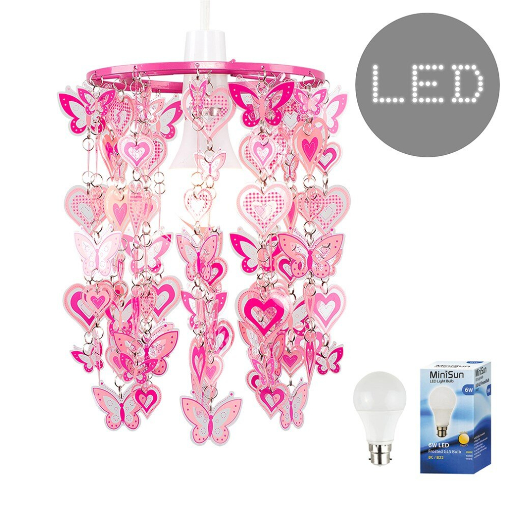 Modern Pink Hearts and Butterflies Pendant Shade - Complete with a 6w LED GLS Bulb [3000K Warm White]