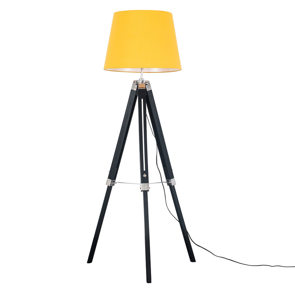 Modern Black Wood and Silver Chrome Tripod Floor Lamp with a Mustard Tapered Shade