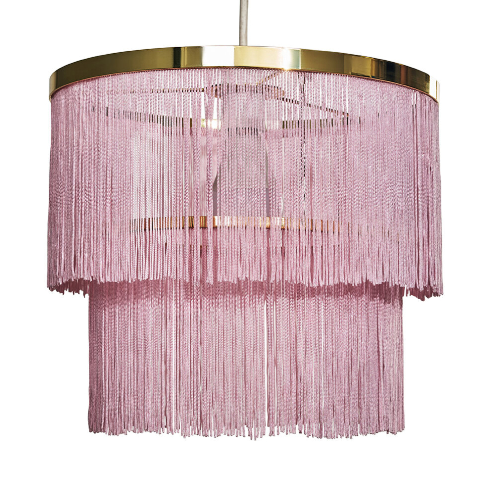 Modern Polished Brass Pink Drum Tassel Ceiling Pendant Light Shade - Complete with a 10w LED Bulb [3000K Warm White]