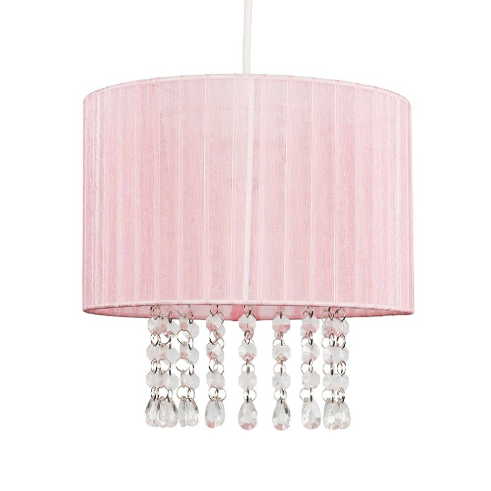 Modern Pink Voile Ribbon Wrapped Pendant Shade with Acrylic Droplets - Complete with a 10w LED GLS Bulb [3000K Warm White]