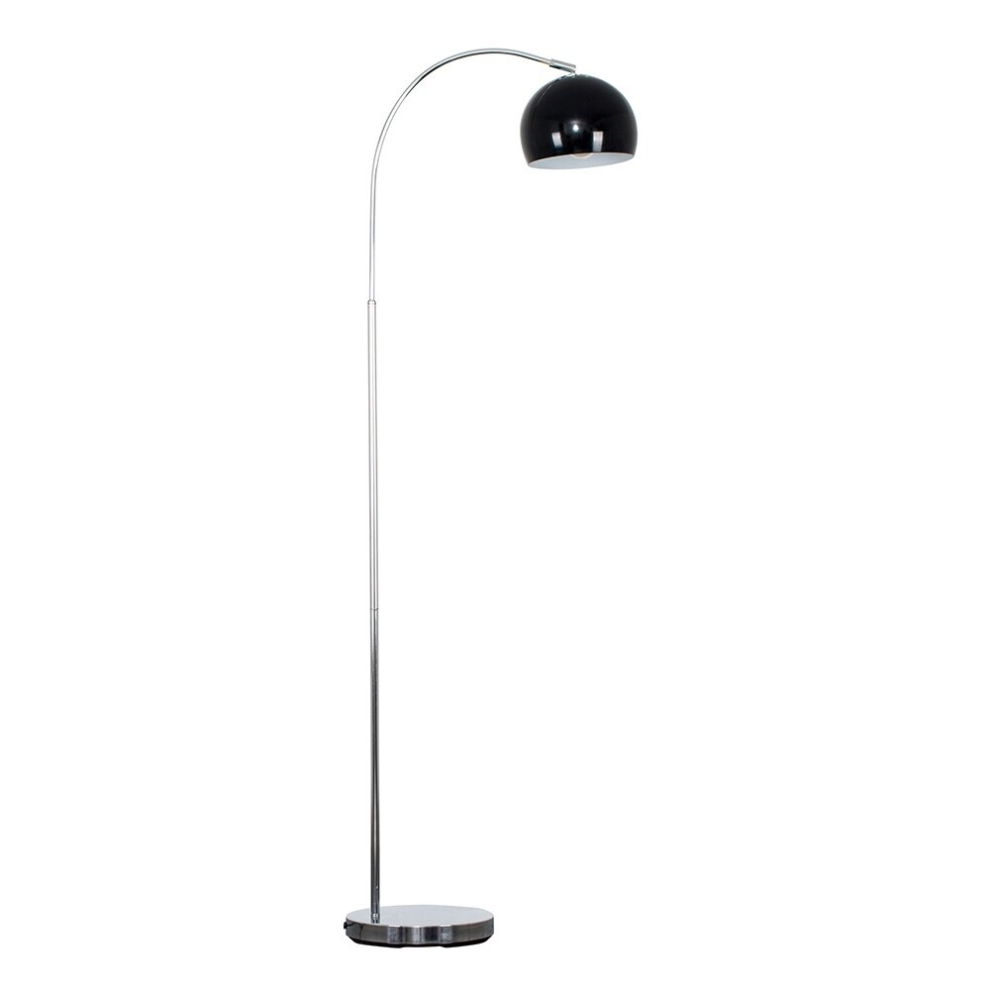 Designer Style Polished Chrome  Stem Floor Lamp with a Gloss Black Arco Style Metal Dome Light Shade - With a 6w LED GLS Bulb [3000K Warm White]