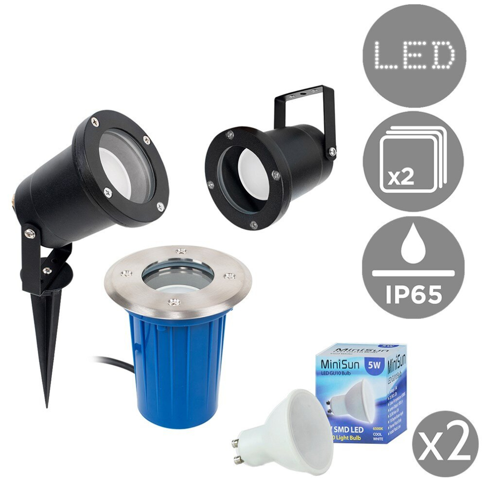 Pack of 2 - Modern 3 in 1 Ground/Wall/Spike Outdoor Lights in a Black Finish - IP65 Rated - Complete with 5w GU10 LED Bulbs [3000K Warm White]