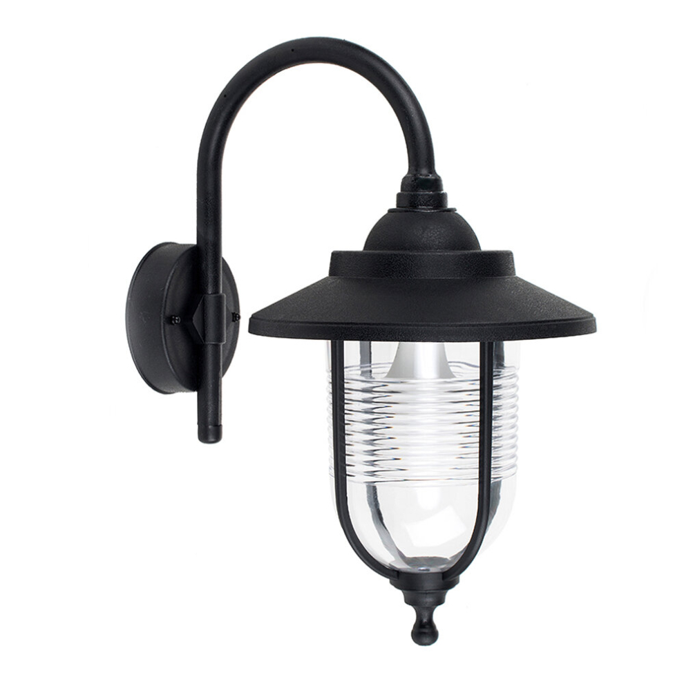 Modern Outdoor Black Fishermans Style Swan Neck Wall Light Lantern - IP44 Rated - Complete with 1 x 6w LED ES E27 Bulb