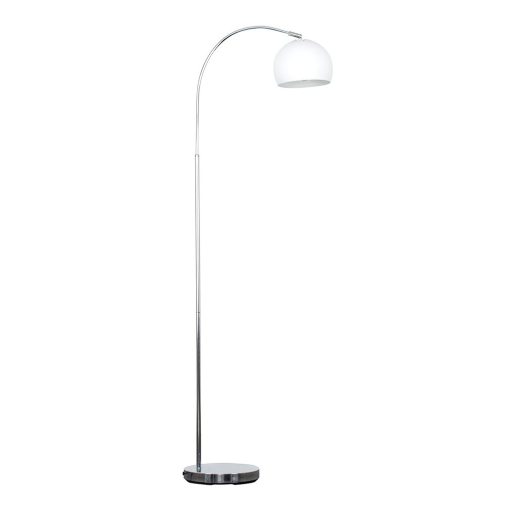 Designer Style Polished Chrome  Stem Floor Lamp with a Gloss White Arco Style Metal Dome Light Shade - With a 6w LED GLS Bulb [3000K Warm White]