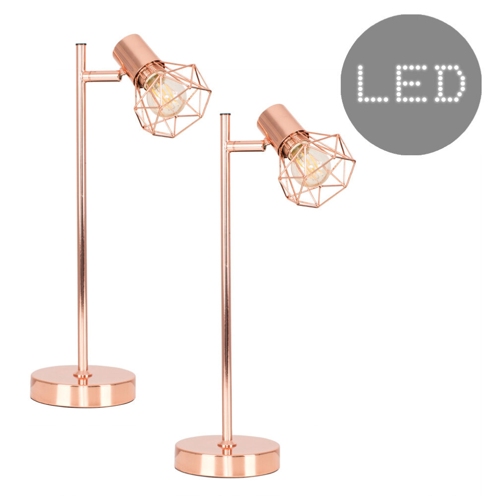 Pair of - Retro Style Metal Basket Cage Desk Lamps in a Copper Finish - Complete with 4w LED Filament Bulbs [2700K Warm White]