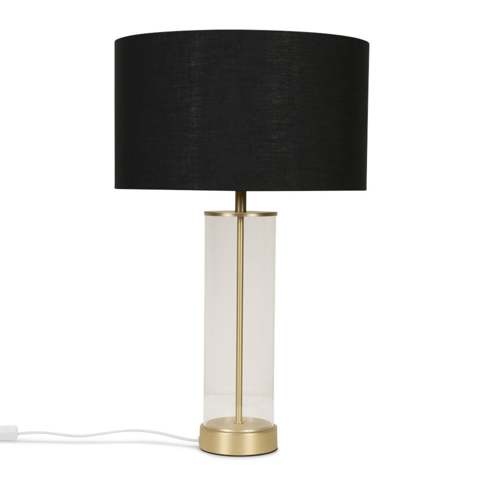 Contemporary Matt Gold & Clear Tube Table Lamp with a Black Cylinder Shade - Complete with a 4w LED Globe Bulb [3000K Warm White]