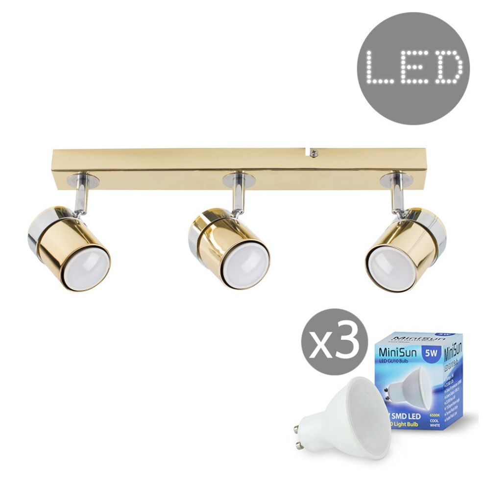 Modern 3 Way Adjustable Chrome & Polished Gold Effect Straight Bar Ceiling Spotlight Fitting - With 5w LED GU10 Light Bulbs [6500K Cool White]