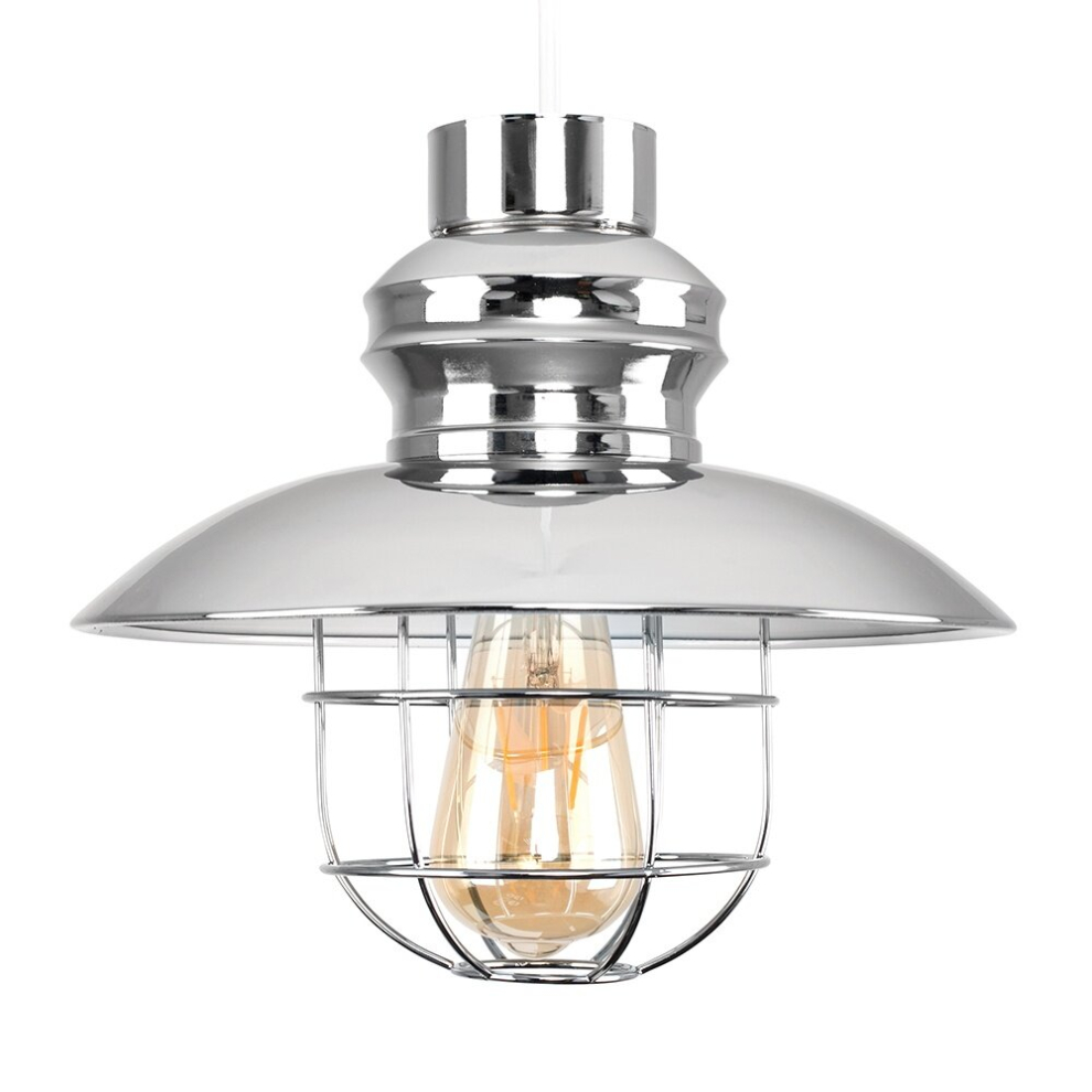 Modern Chrome/White Metal Fisherman's Style Ceiling Pendant Light Shade - Complete with a 4w LED Filament Bulb [2700K Warm White]