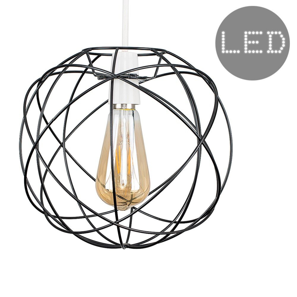 Retro Style Atom Design Matt Black Metal Basket Cage Ceiling Pendant Light Shade - With a 4w LED Filament Amber Tinted Light Bulb [2700K Warm White]