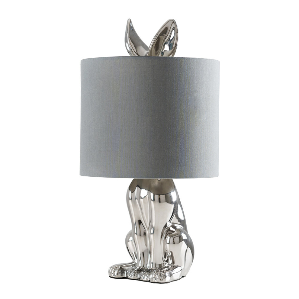 Modern Chrome Ceramic Rabbit/Hare Table Lamp with a Grey Shade