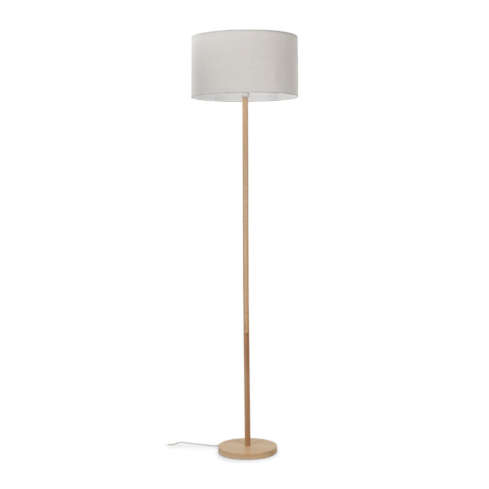 Modern Scandi Floor Lamp in a Light Wooden Finish with a Grey Drum Shade - Complete with a 6w LED GLS Bulb [3000K Warm White]