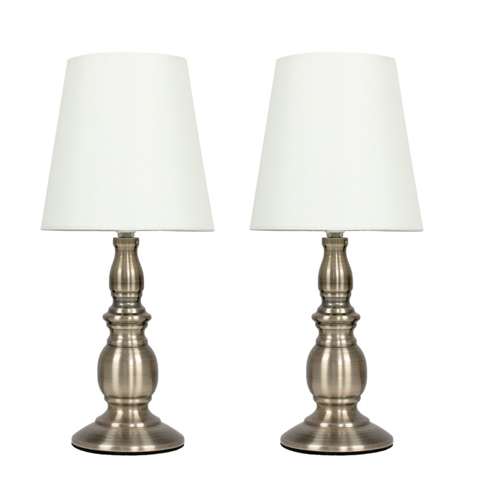 Pair of - Vintage Traditional Antique Brassed Touch Table Lamps with a Cream Shade - Complete with 5w LED Dimmable Candle Bulbs [3000K Warm White]