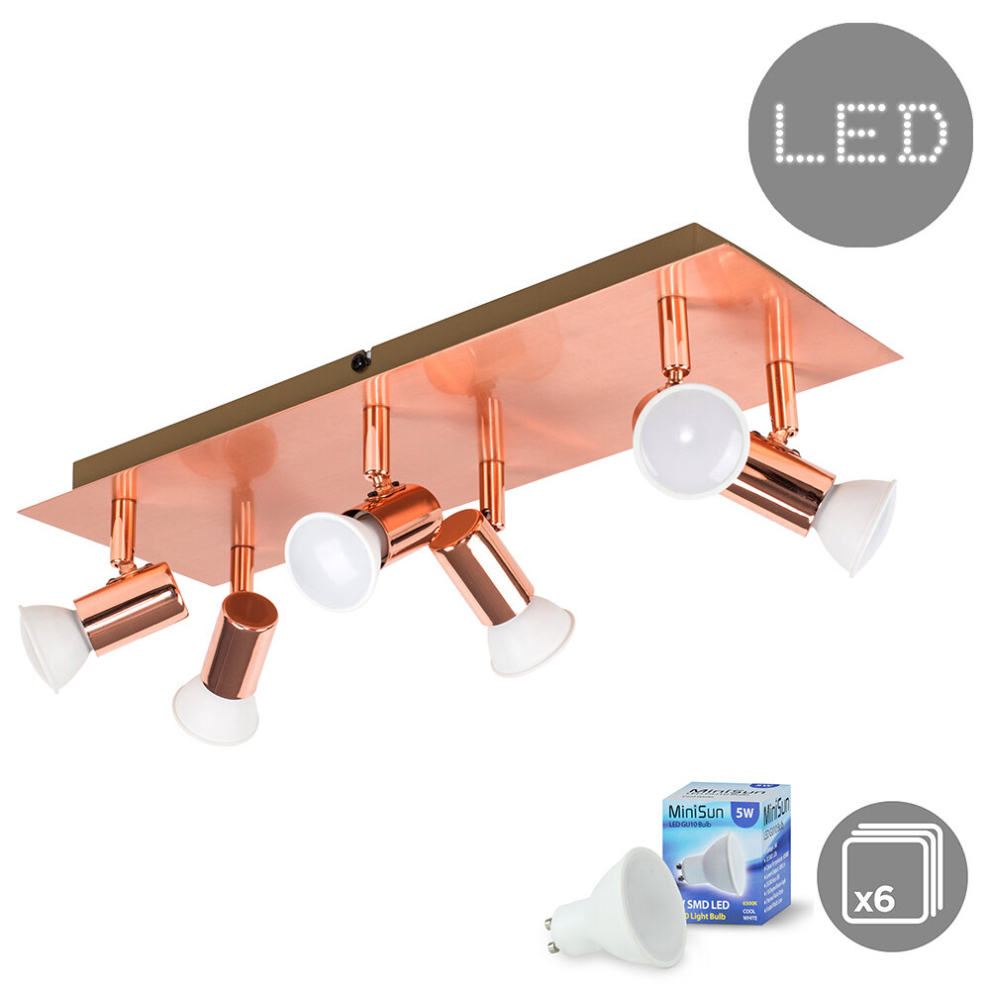 Modern Rectangular Copper Effect 6 Way Adjustable GU10 Ceiling Spotlight - Complete with 5w LED Bulbs [6500K Cool White]