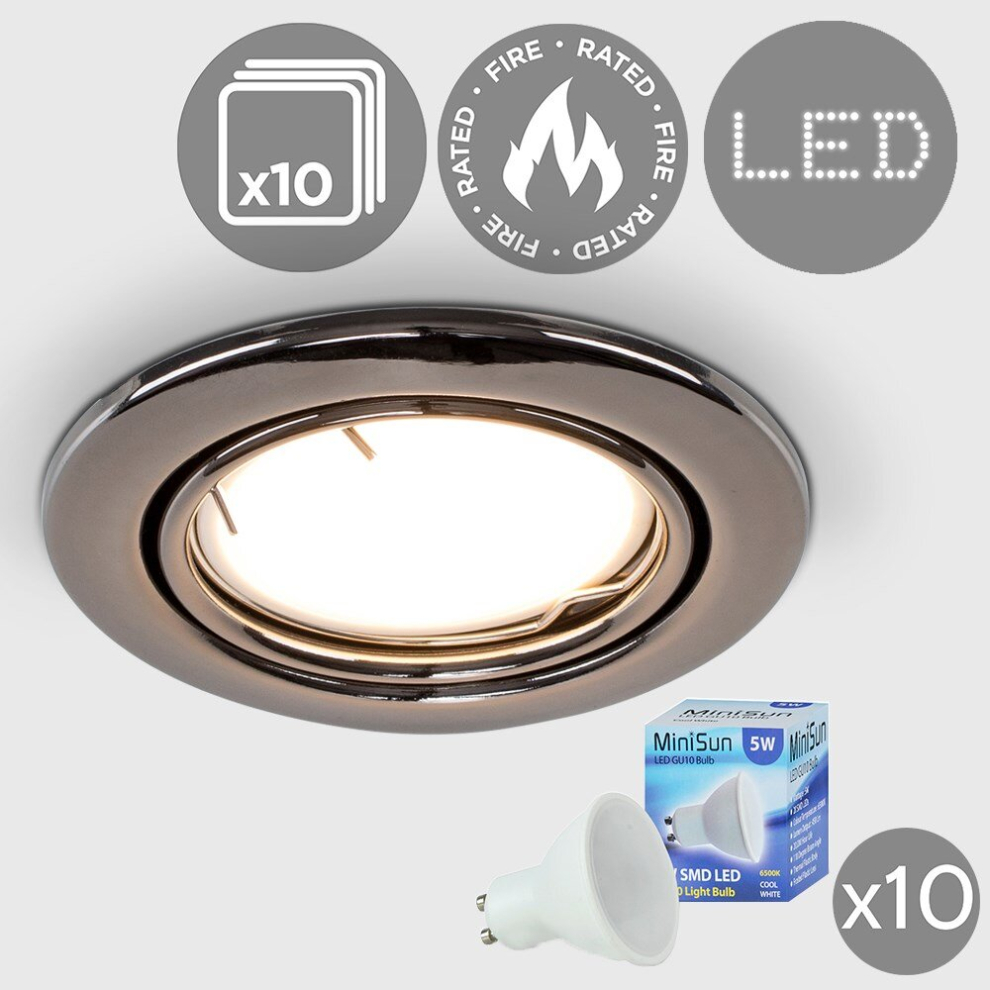Pack of 10 - Fire Rated Black Chrome Tiltable GU10 Recessed Ceiling Downlights - Complete with 5w LED Bulbs [6500K Cool White]