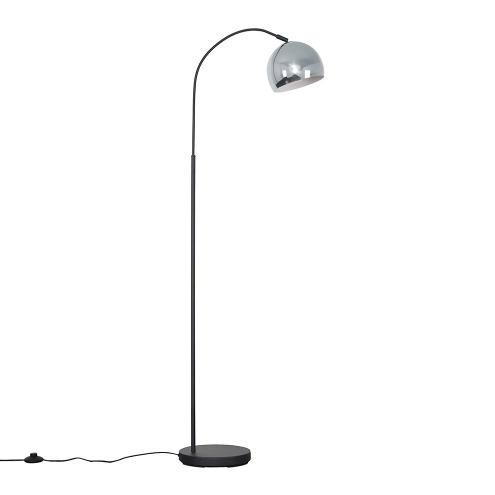 Modern Designer Style Dark Grey Curved Stem Floor Lamp with a Chrome Dome Shade - Complete with a 6w LED GLS Bulb [3000K Warm White]