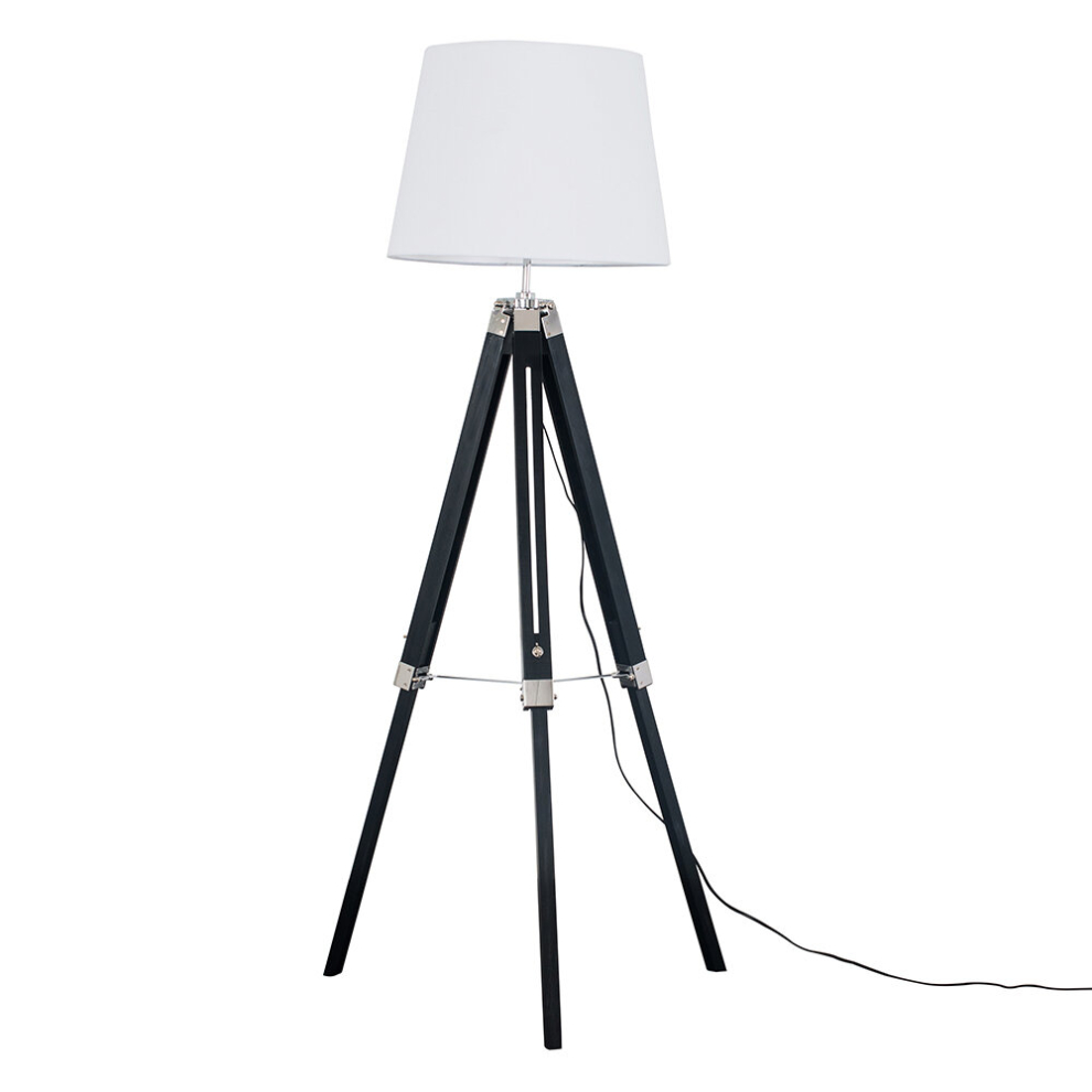 Modern Black Wood and Silver Chrome Tripod Floor Lamp with a White Tapered Light Shade