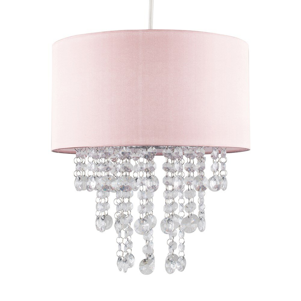 Modern Pink Cylinder Ceiling Pendant Light Shade with Clear Acrylic Jewel Effect Droplets - Complete with a 10w LED GLS Bulb [3000K Warm White]