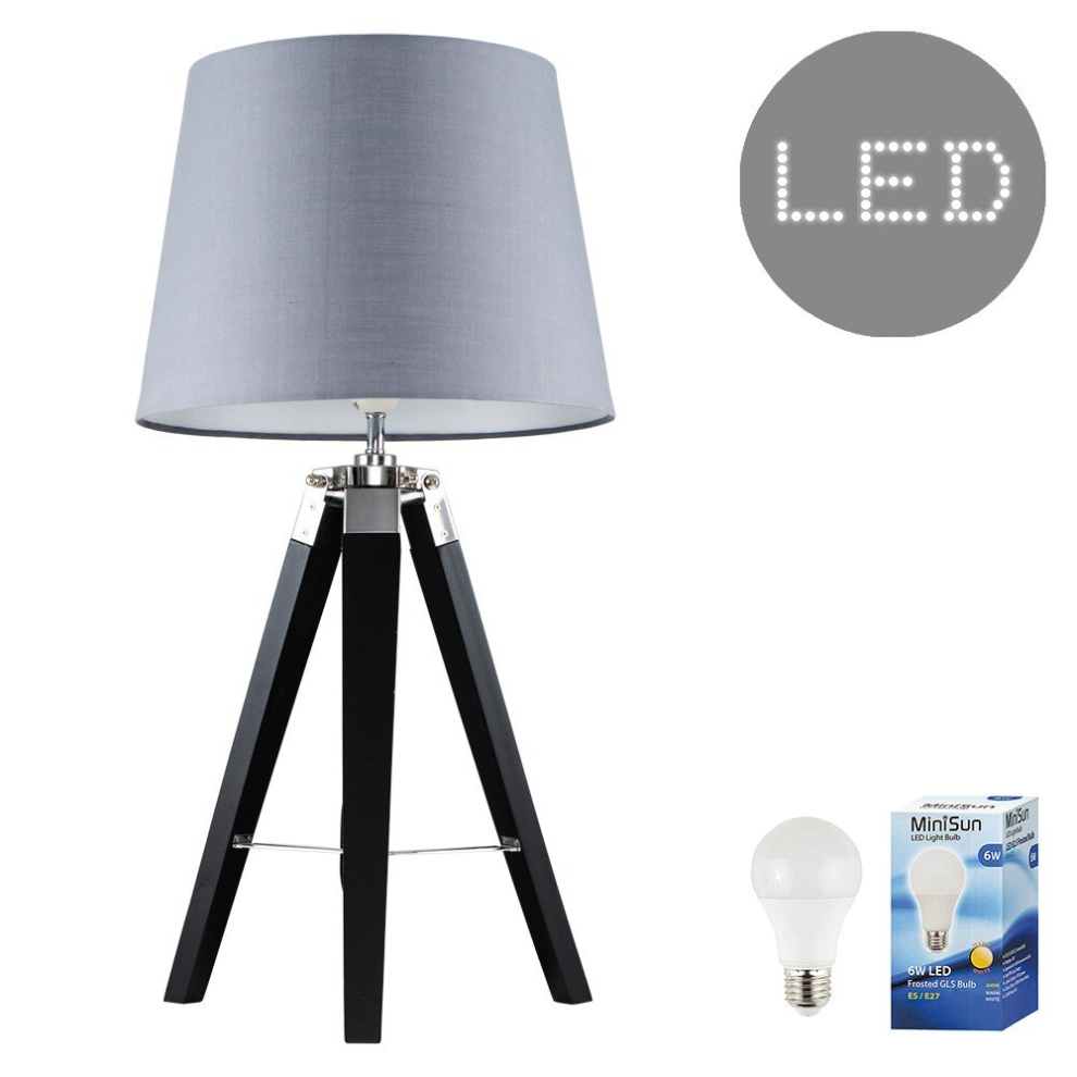 Modern Black Wood and Silver Chrome Tripod Table Lamp with a Grey Tapered Light Shade - Complete with a 6w LED GLS Bulb [3000K Warm White]