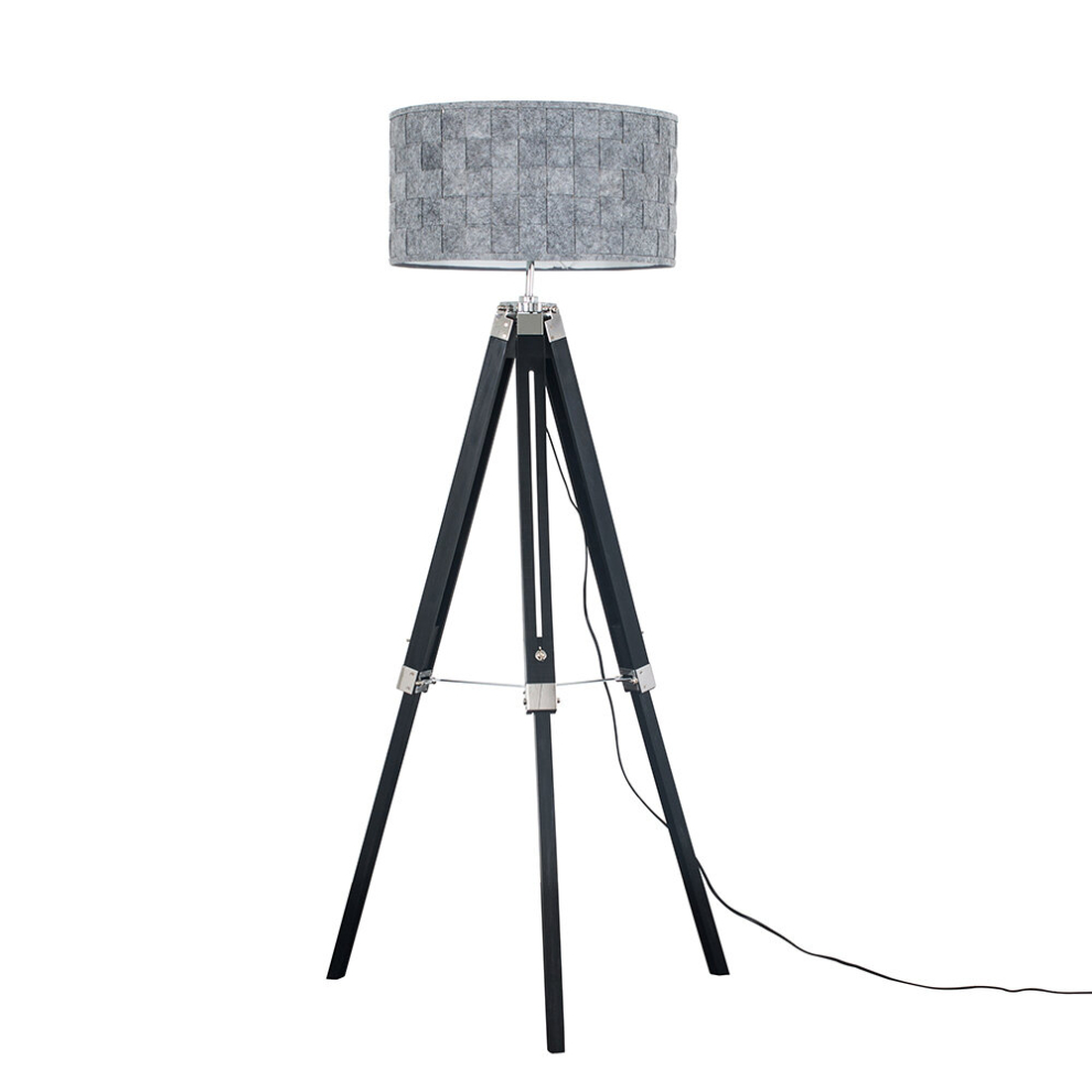 Modern Black Wood and Silver Chrome Tripod Floor Lamp with a Grey Felt Weave Design Cylinder Light Shade - With a 6w LED GLS Bulb [3000K Warm White]